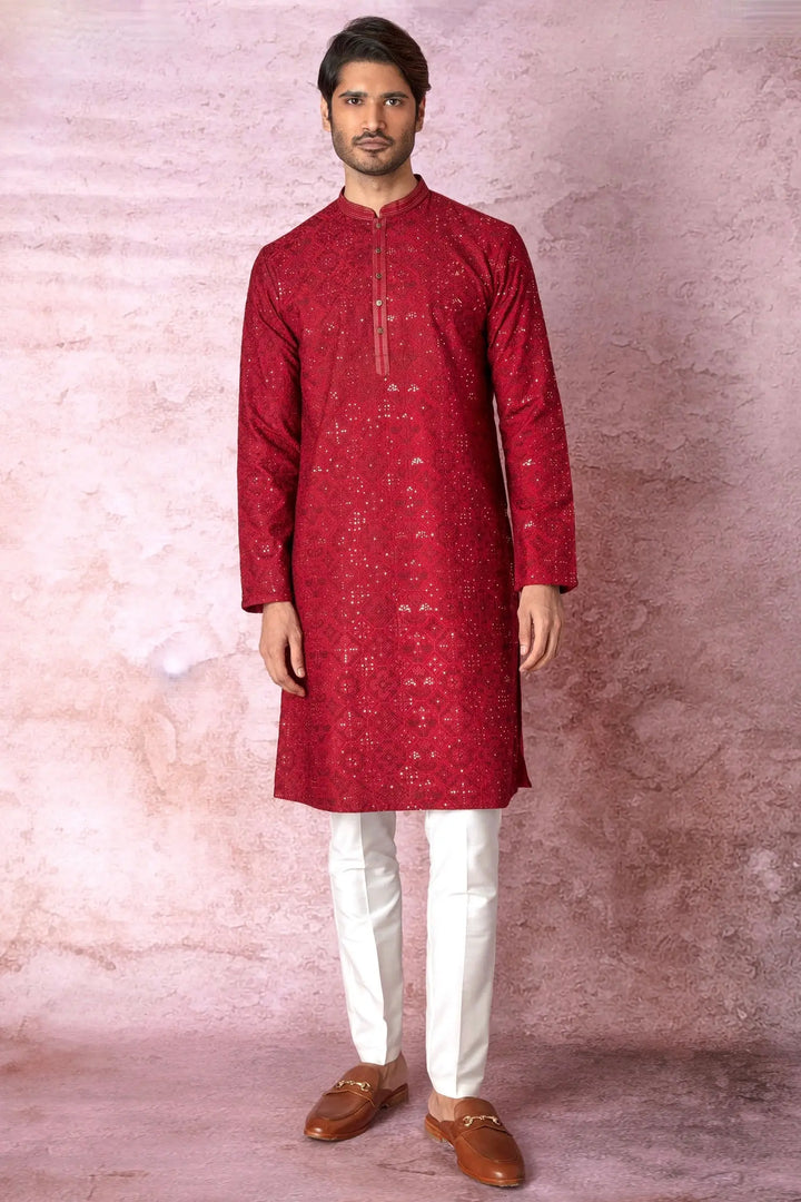 Red Radiance: Chanderi Silk Kurta with Resham and Sequins, Cross Stitch Embroidery - Asuka Couture