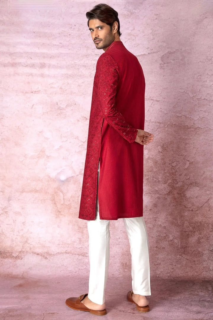 Red Radiance: Chanderi Silk Kurta with Resham and Sequins, Cross Stitch Embroidery - Asuka Couture