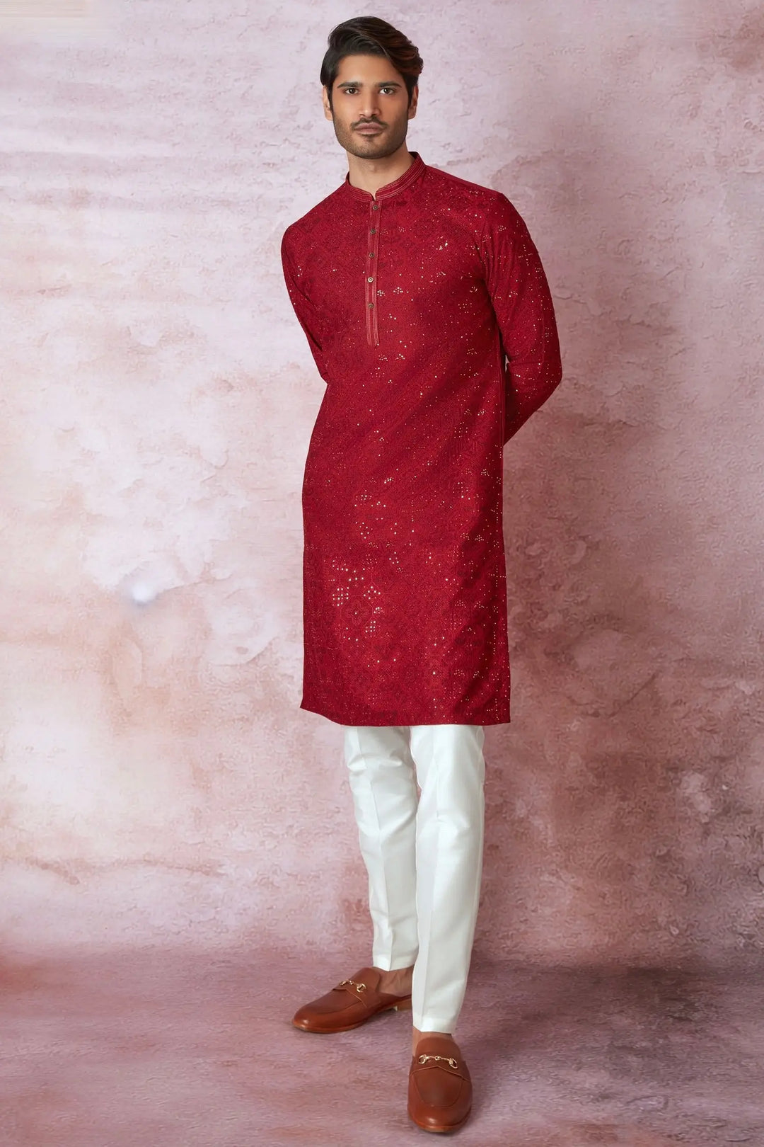 Red Radiance: Chanderi Silk Kurta with Resham and Sequins, Cross Stitch Embroidery - Asuka Couture