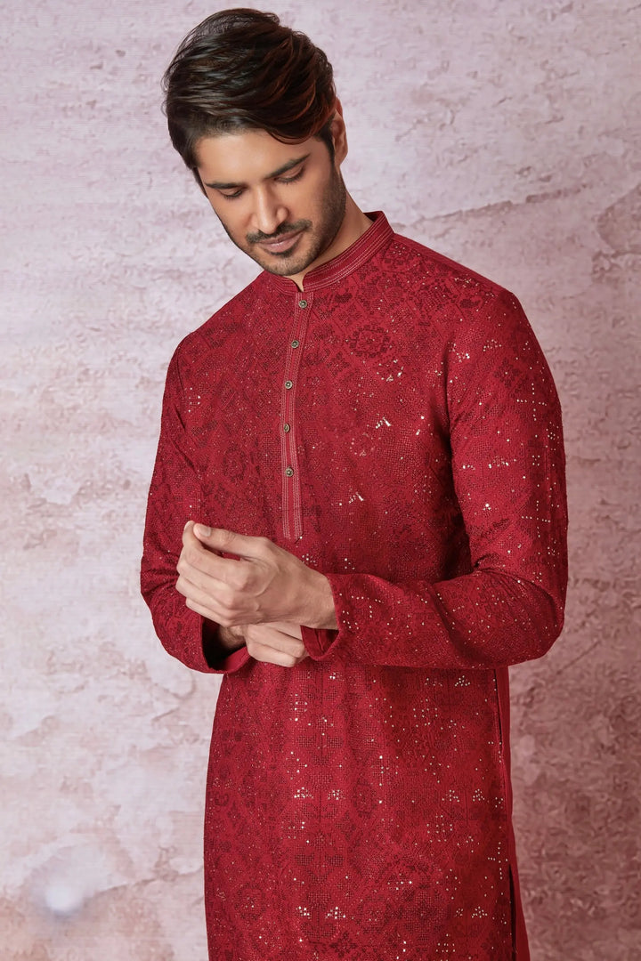 Red Radiance: Chanderi Silk Kurta with Resham and Sequins, Cross Stitch Embroidery - Asuka Couture