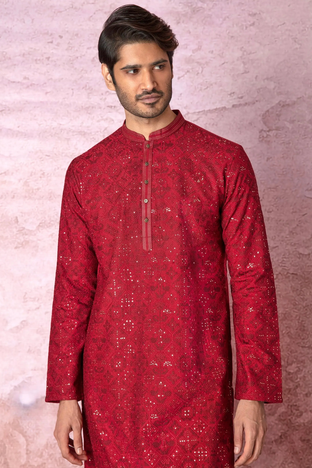 Red Radiance: Chanderi Silk Kurta with Resham and Sequins, Cross Stitch Embroidery - Asuka Couture