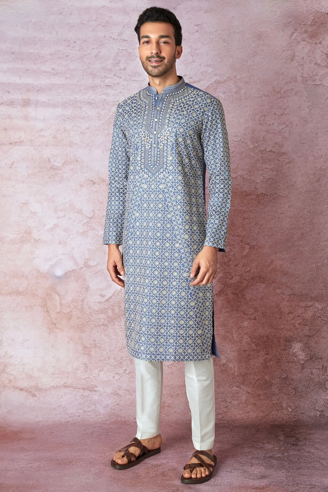Blue Haze Beauty: Tussar Silk Kurta with Resham, Sequin, and Lurex Embroidery - Asuka Couture