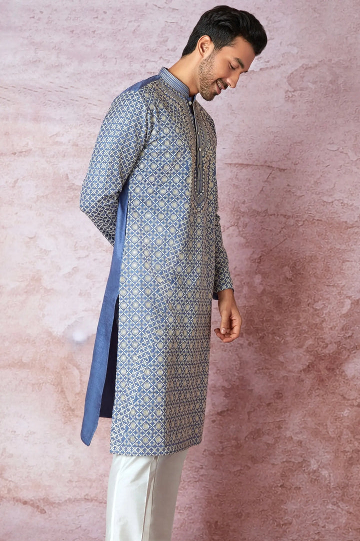 Blue Haze Beauty: Tussar Silk Kurta with Resham, Sequin, and Lurex Embroidery - Asuka Couture