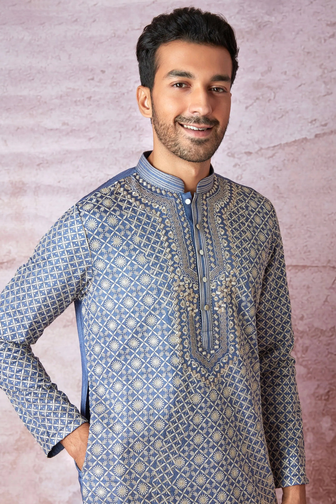 Blue Haze Beauty: Tussar Silk Kurta with Resham, Sequin, and Lurex Embroidery - Asuka Couture