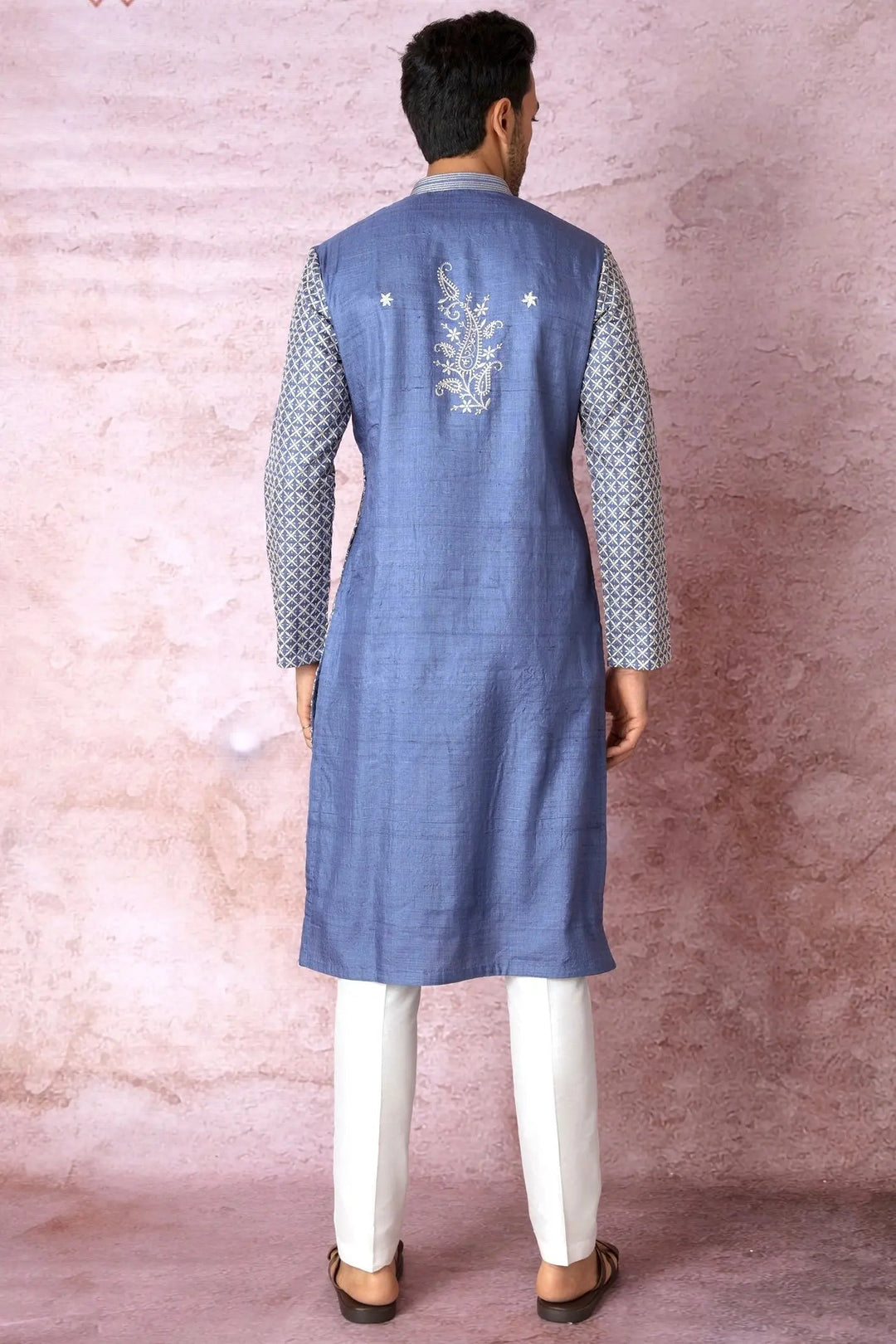 Blue Haze Beauty: Tussar Silk Kurta with Resham, Sequin, and Lurex Embroidery - Asuka Couture
