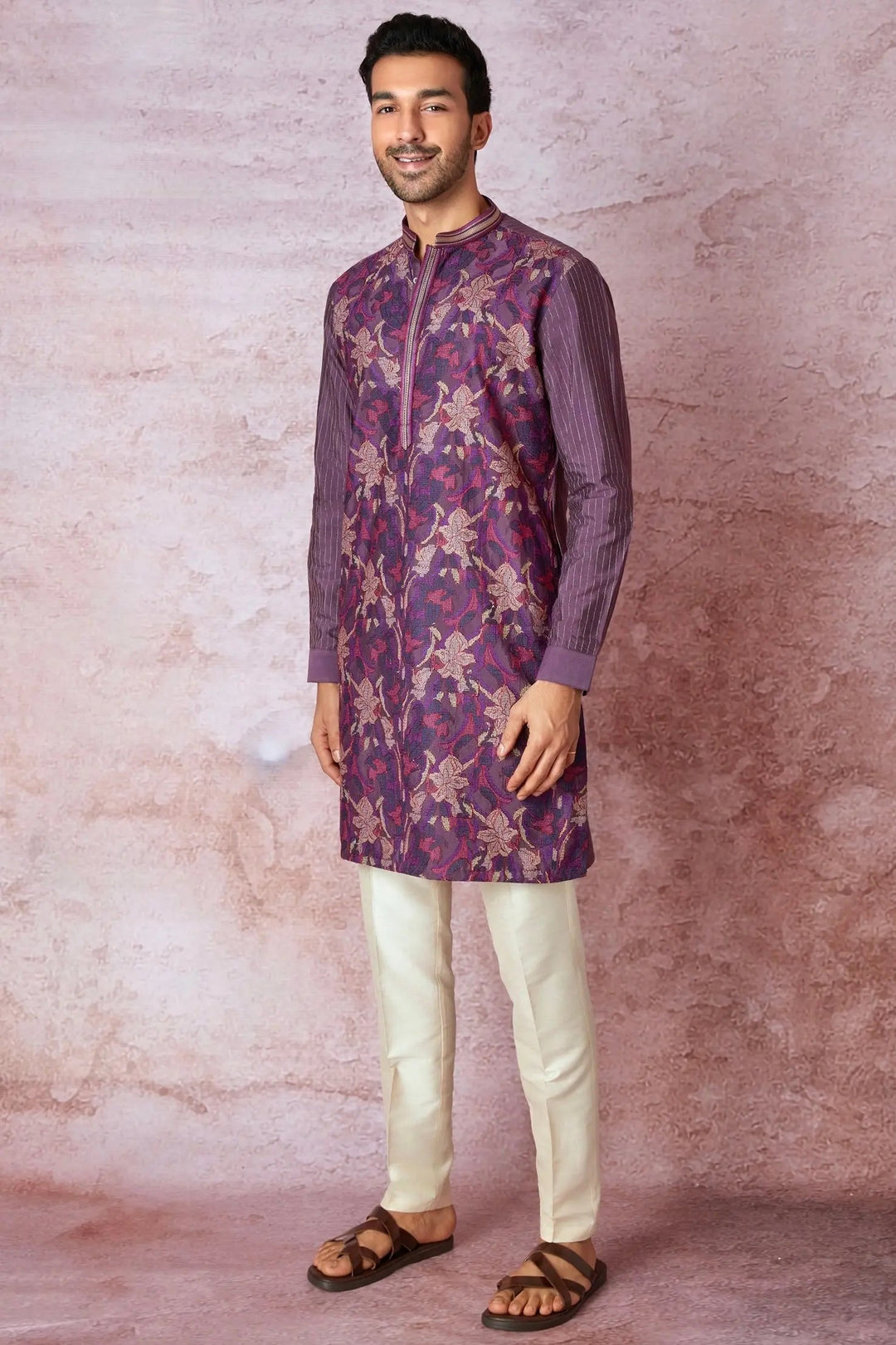 Royal Purple Cross-Stitch Elegance Chanderi Silk Kurta - Asuka Couture