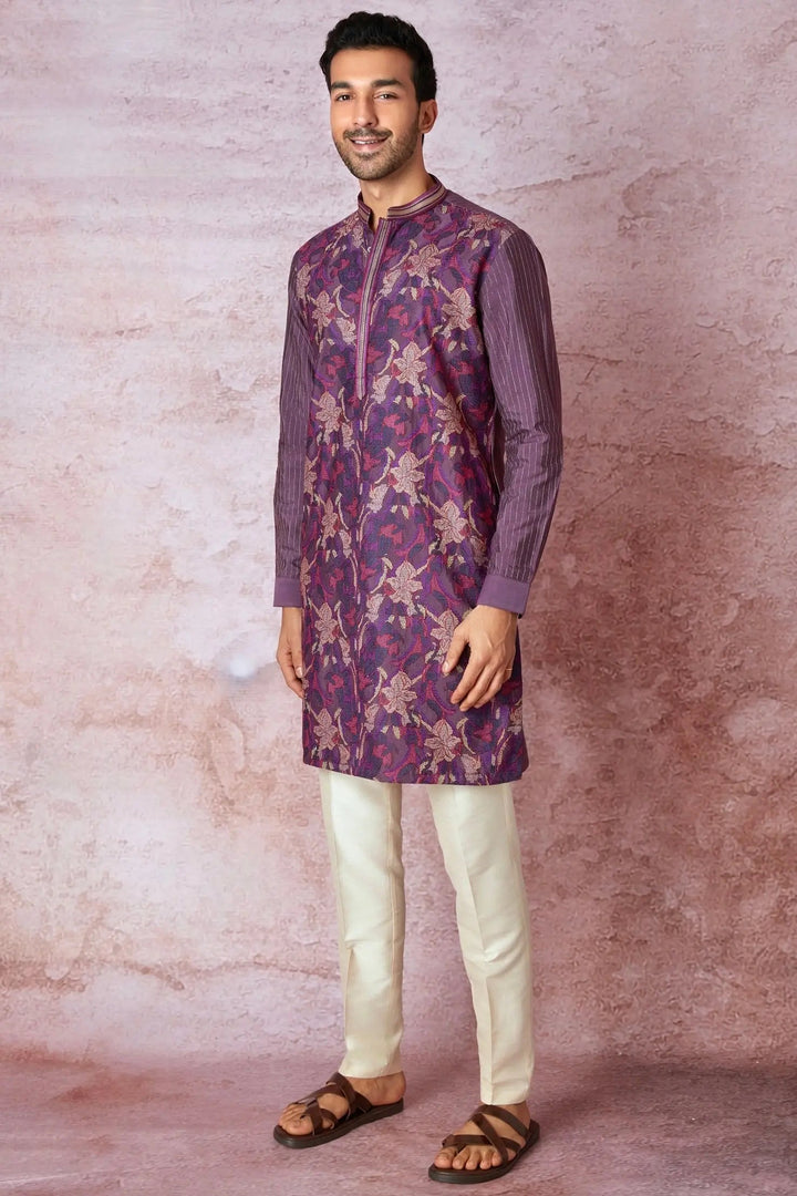 Royal Purple Cross-Stitch Elegance Chanderi Silk Kurta - Asuka Couture