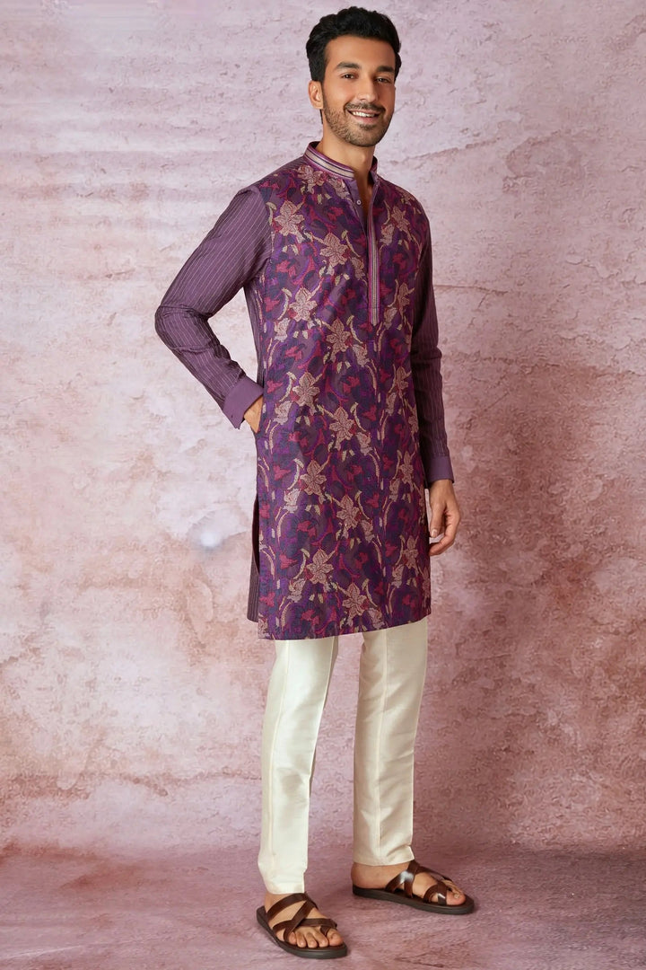 Royal Purple Cross-Stitch Elegance Chanderi Silk Kurta - Asuka Couture