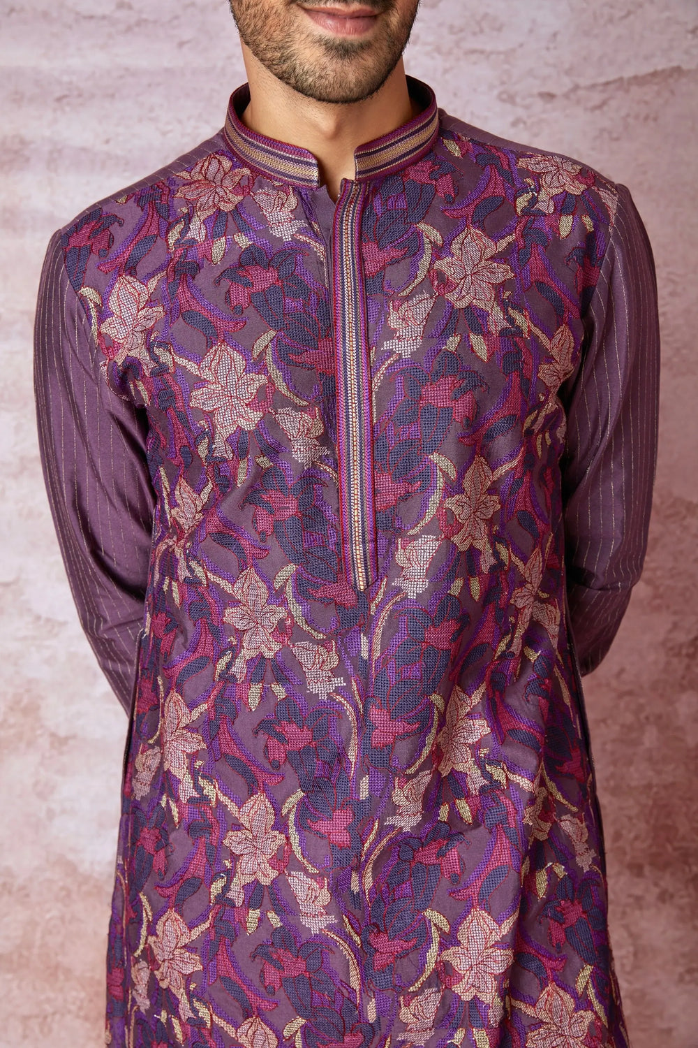Royal Purple Cross-Stitch Elegance Chanderi Silk Kurta - Asuka Couture