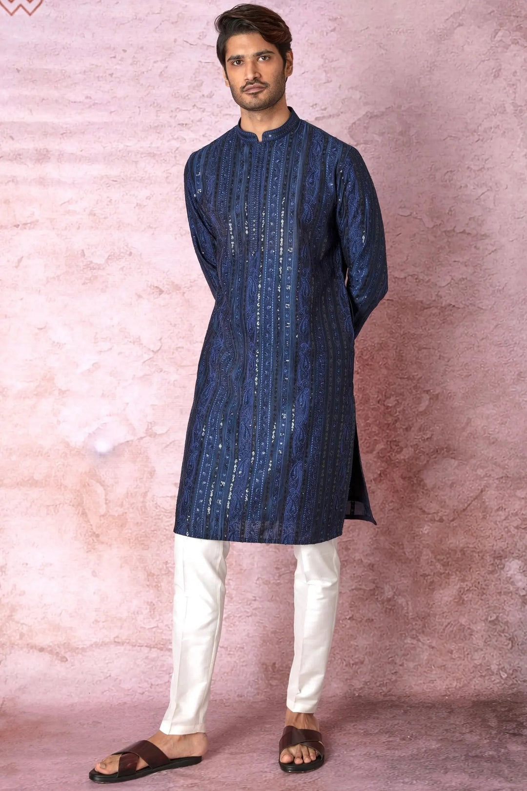 Indigo Charm: Indigo Blue Chanderi Silk Kurta with Resham and Sequins in Panel Embroidery Floral Geometric - Asuka Couture