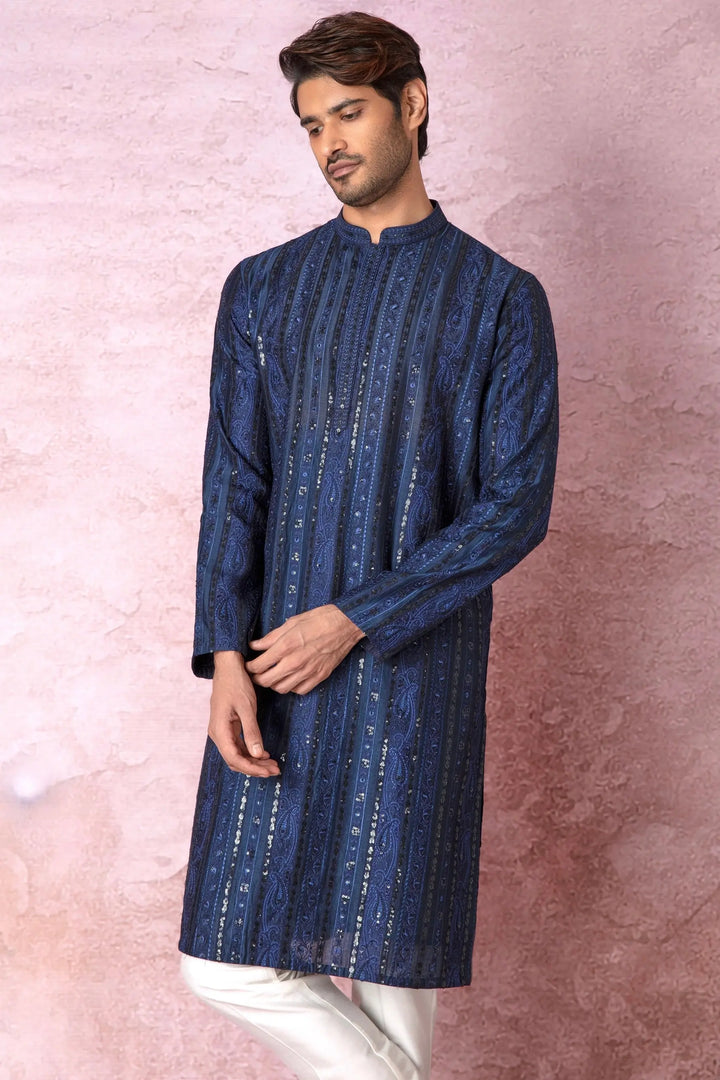 Indigo Charm: Indigo Blue Chanderi Silk Kurta with Resham and Sequins in Panel Embroidery Floral Geometric - Asuka Couture