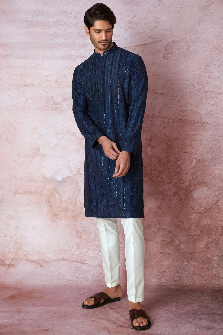 Indigo Charm: Indigo Blue Chanderi Silk Kurta with Resham and Sequins in Panel Embroidery Floral Geometric - Asuka Couture