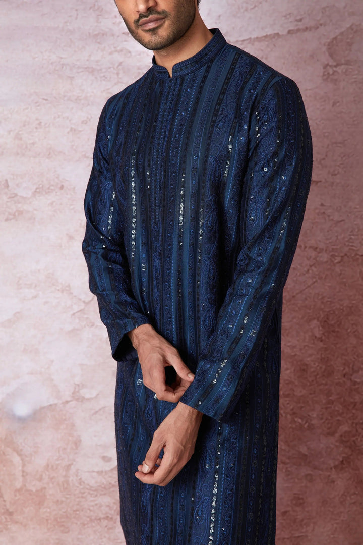 Indigo Charm: Indigo Blue Chanderi Silk Kurta with Resham and Sequins in Panel Embroidery Floral Geometric - Asuka Couture