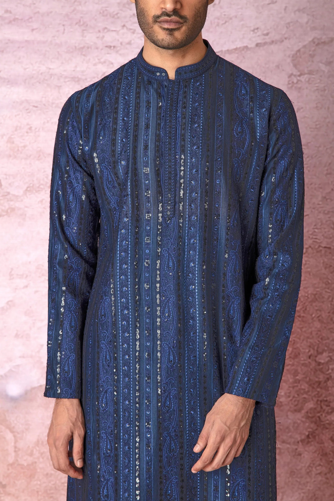 Indigo Charm: Indigo Blue Chanderi Silk Kurta with Resham and Sequins in Panel Embroidery Floral Geometric - Asuka Couture