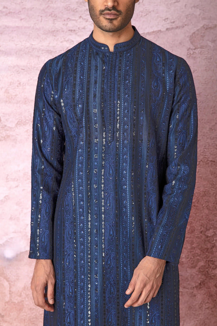Indigo Charm: Indigo Blue Chanderi Silk Kurta with Resham and Sequins in Panel Embroidery Floral Geometric - Asuka Couture