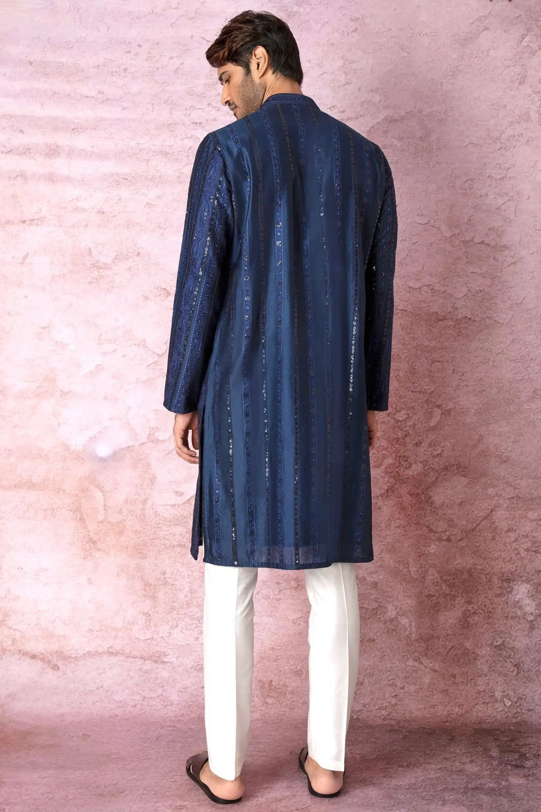 Indigo Charm: Indigo Blue Chanderi Silk Kurta with Resham and Sequins in Panel Embroidery Floral Geometric - Asuka Couture