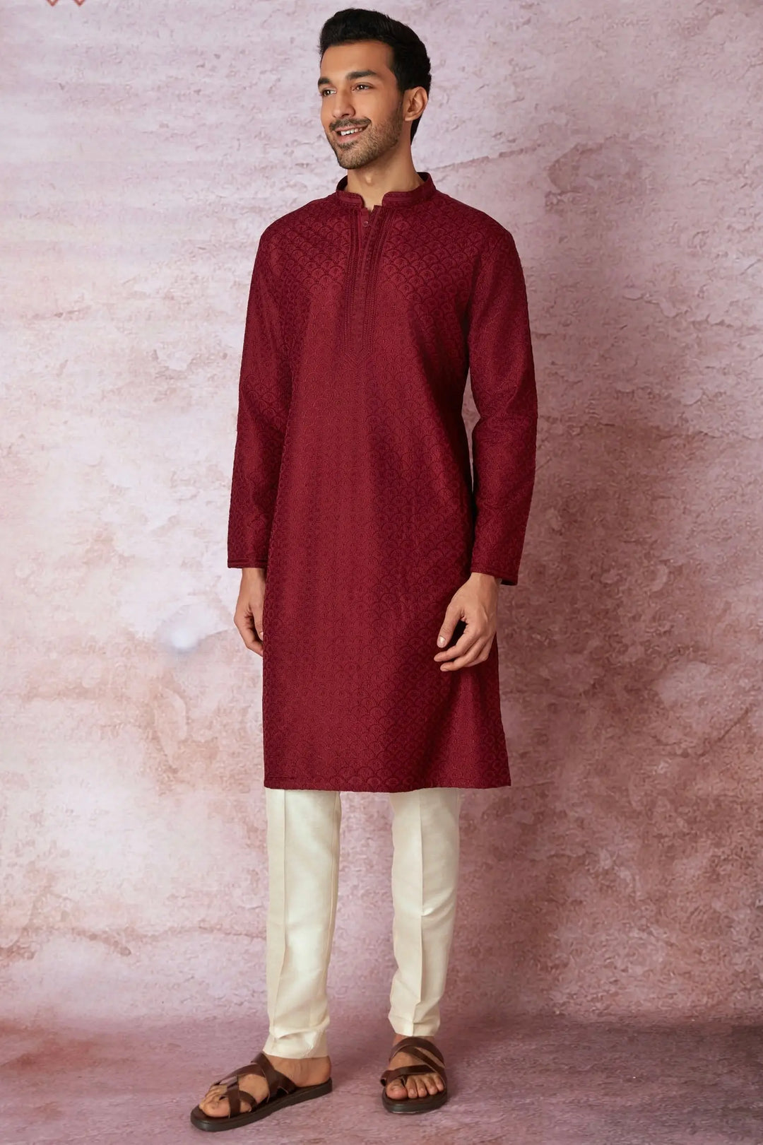Maroon Elegance: All Over Embroidered Resham Kurta with Floral Motifs - Asuka Couture