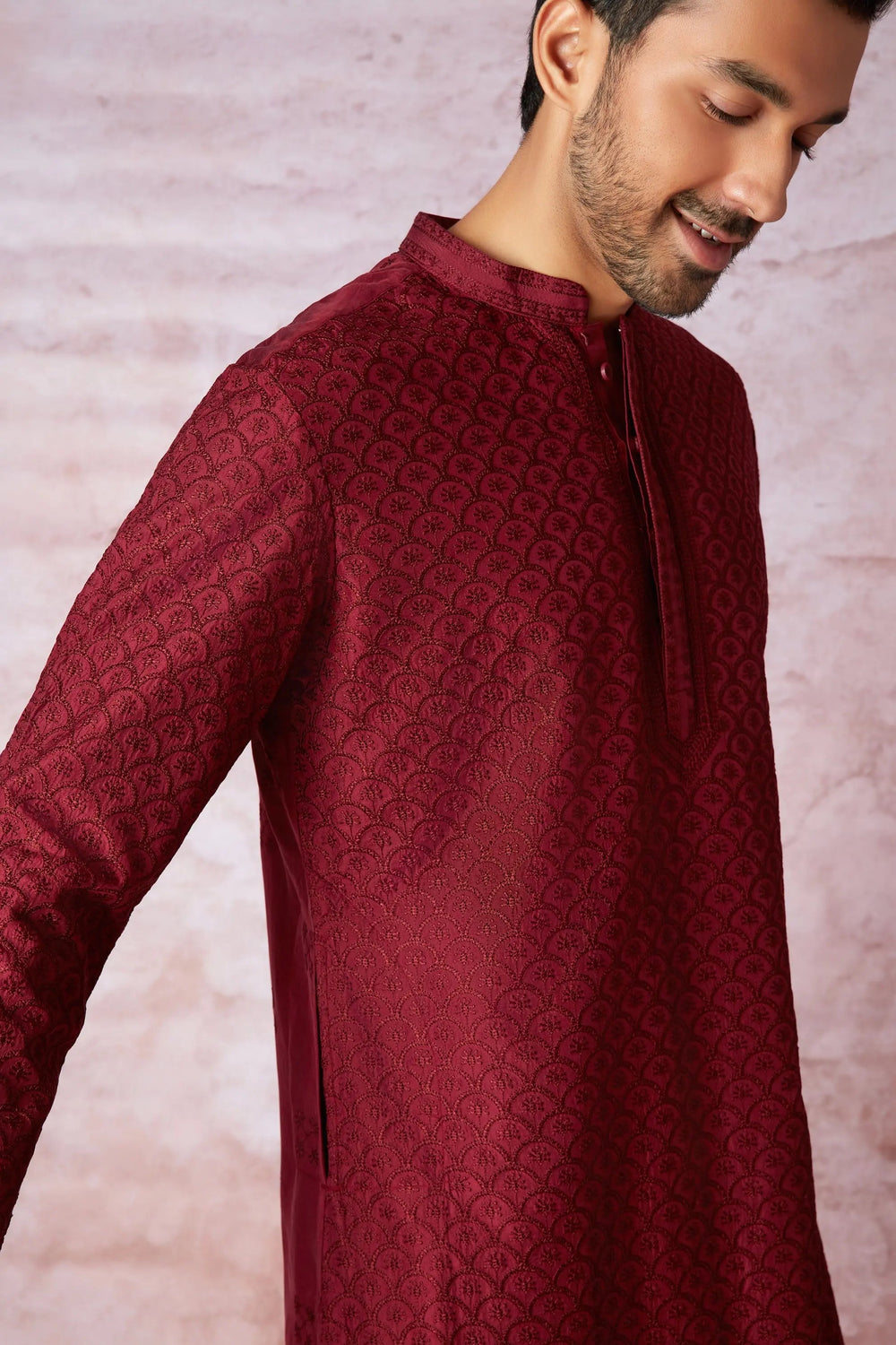 Maroon Elegance: All Over Embroidered Resham Kurta with Floral Motifs - Asuka Couture