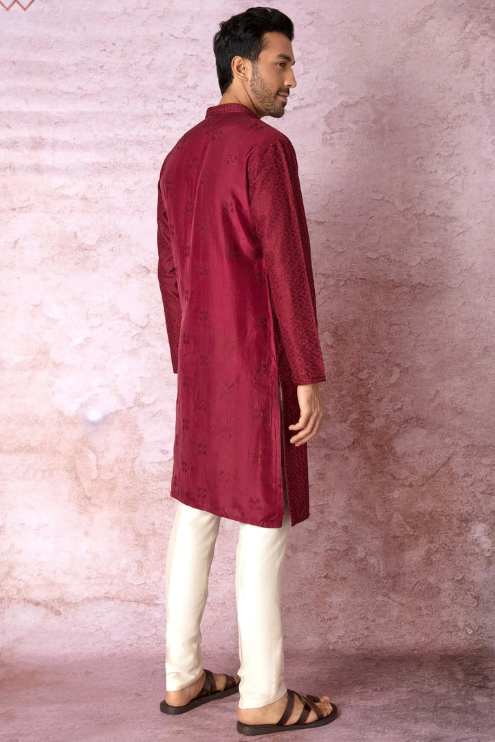 Maroon Elegance: All Over Embroidered Resham Kurta with Floral Motifs - Asuka Couture