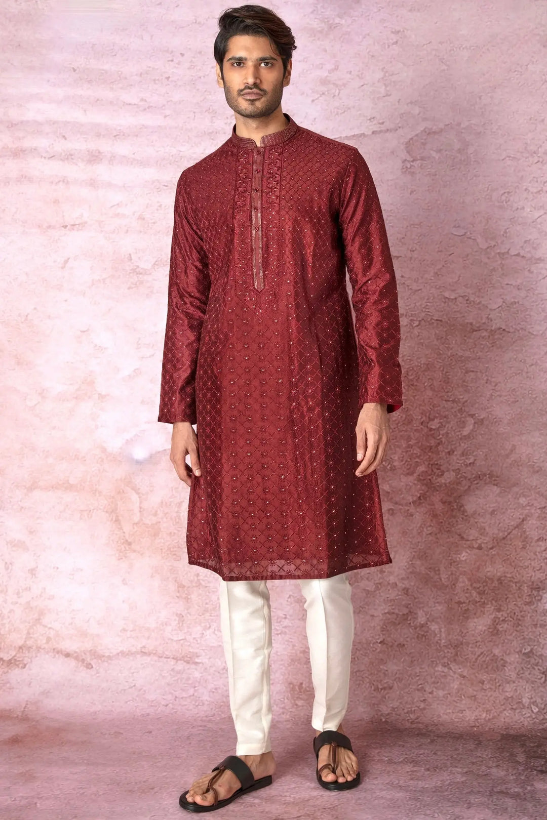 Majestic Maroon: Chanderi Silk Kurta with All Over Resham Embroidery and Lurex - Asuka Couture