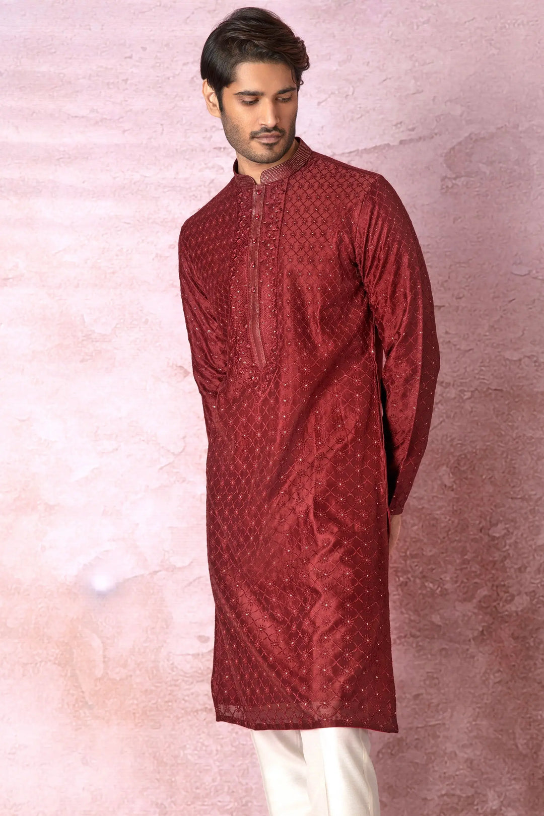 Majestic Maroon: Chanderi Silk Kurta with All Over Resham Embroidery and Lurex - Asuka Couture