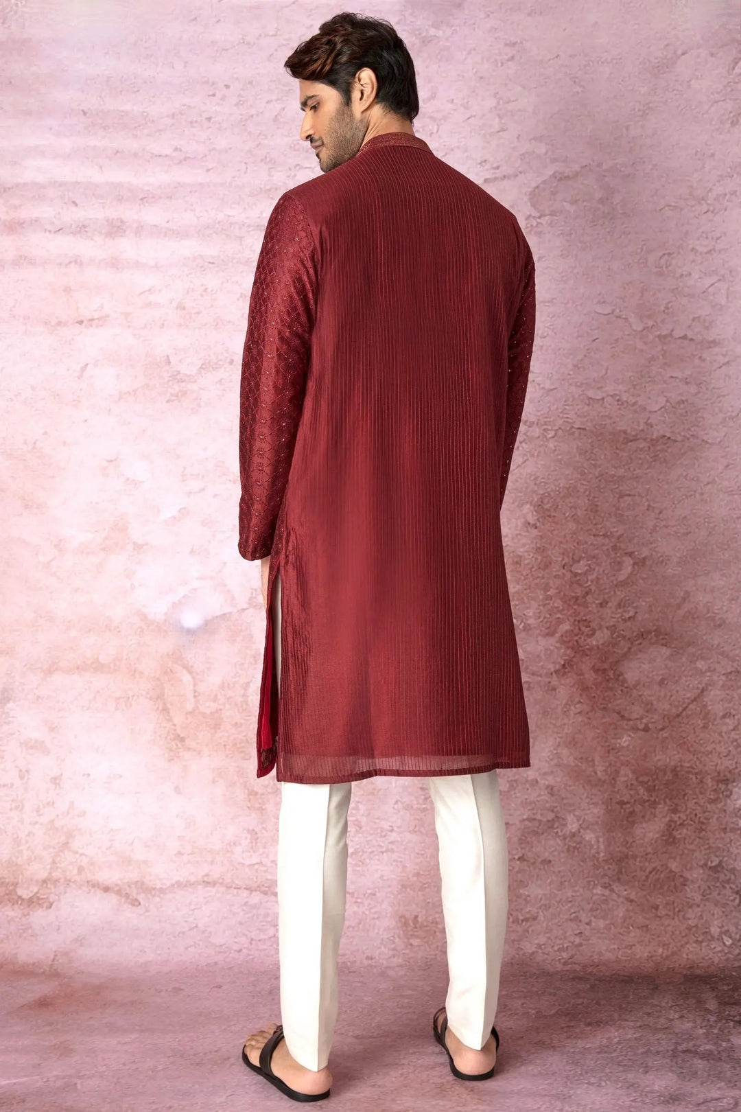 Majestic Maroon: Chanderi Silk Kurta with All Over Resham Embroidery and Lurex - Asuka Couture