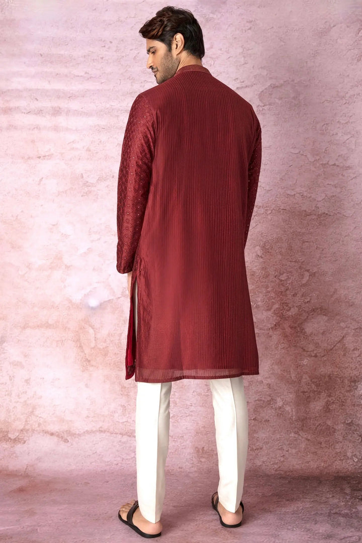 Majestic Maroon: Chanderi Silk Kurta with All Over Resham Embroidery and Lurex - Asuka Couture
