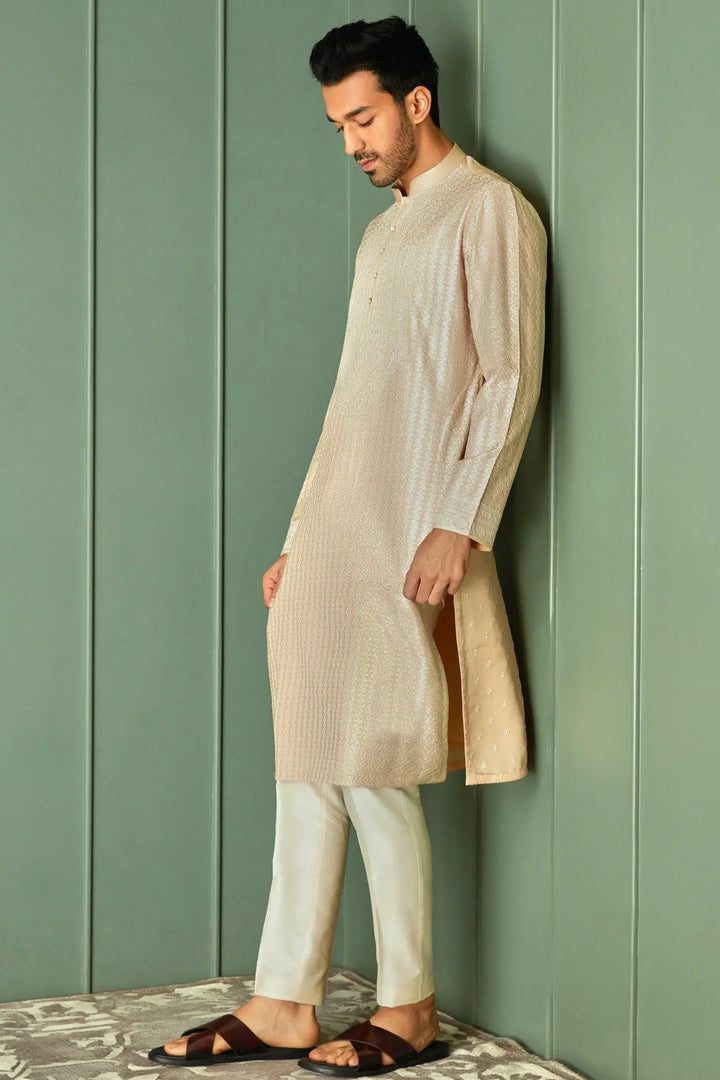 Creamy Delight: Cream Chanderi Silk Kurta with Ivory Resham Embroidery All Over - Asuka Couture