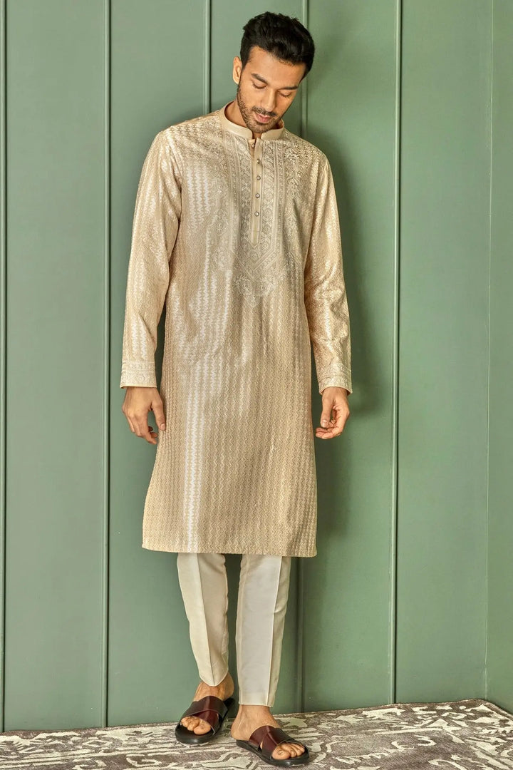 Creamy Delight: Cream Chanderi Silk Kurta with Ivory Resham Embroidery All Over - Asuka Couture
