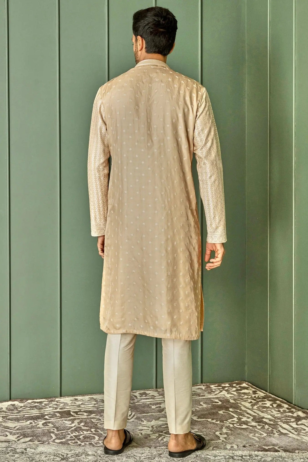 Creamy Delight: Cream Chanderi Silk Kurta with Ivory Resham Embroidery All Over - Asuka Couture