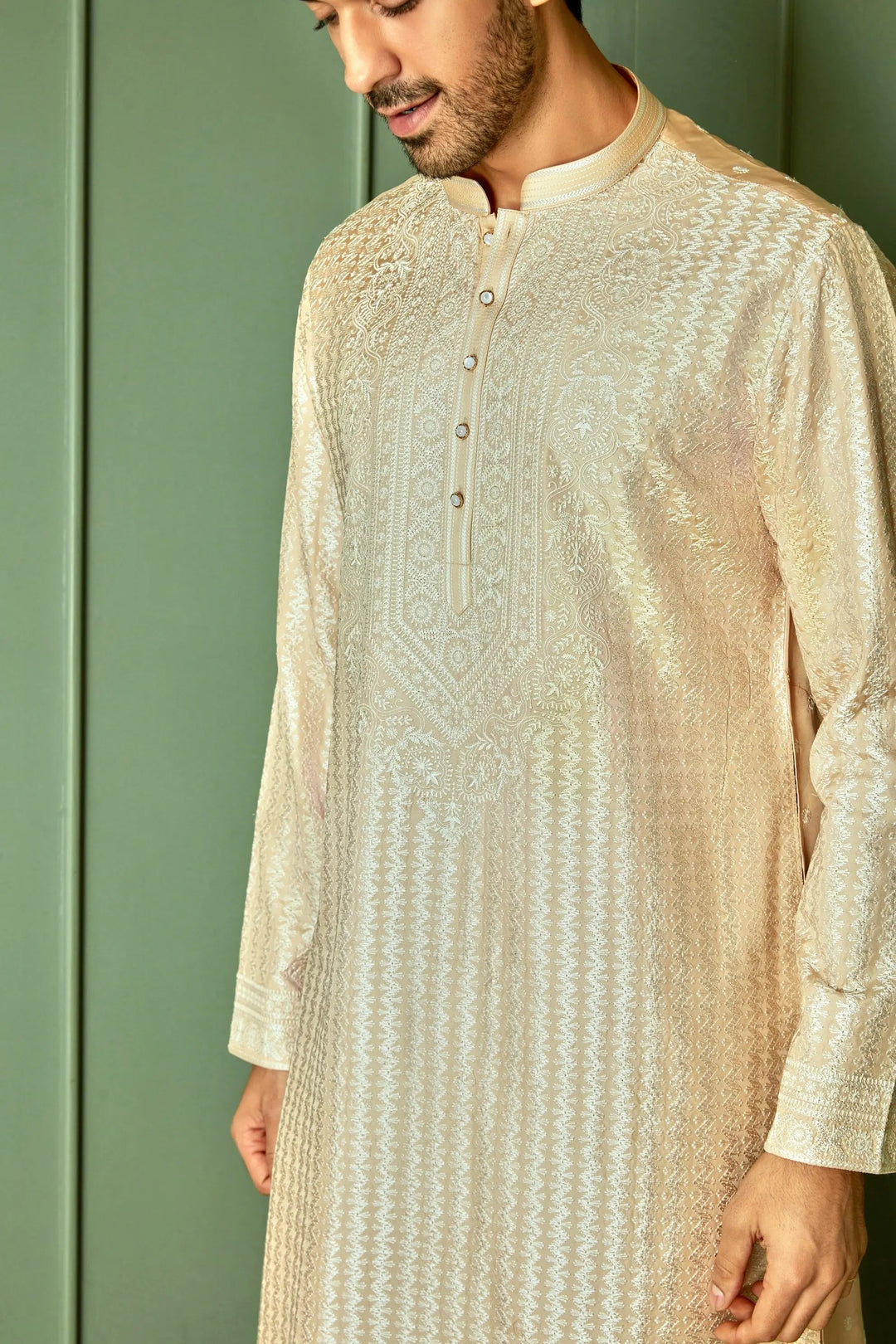 Creamy Delight: Cream Chanderi Silk Kurta with Ivory Resham Embroidery All Over - Asuka Couture