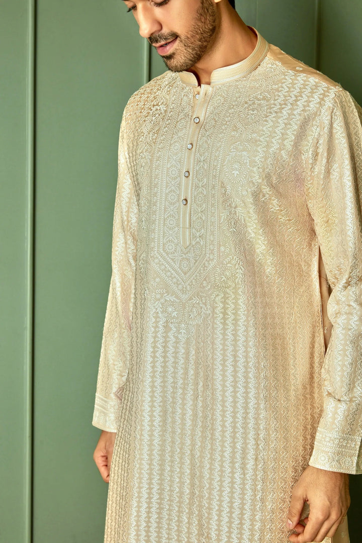 Creamy Delight: Cream Chanderi Silk Kurta with Ivory Resham Embroidery All Over - Asuka Couture