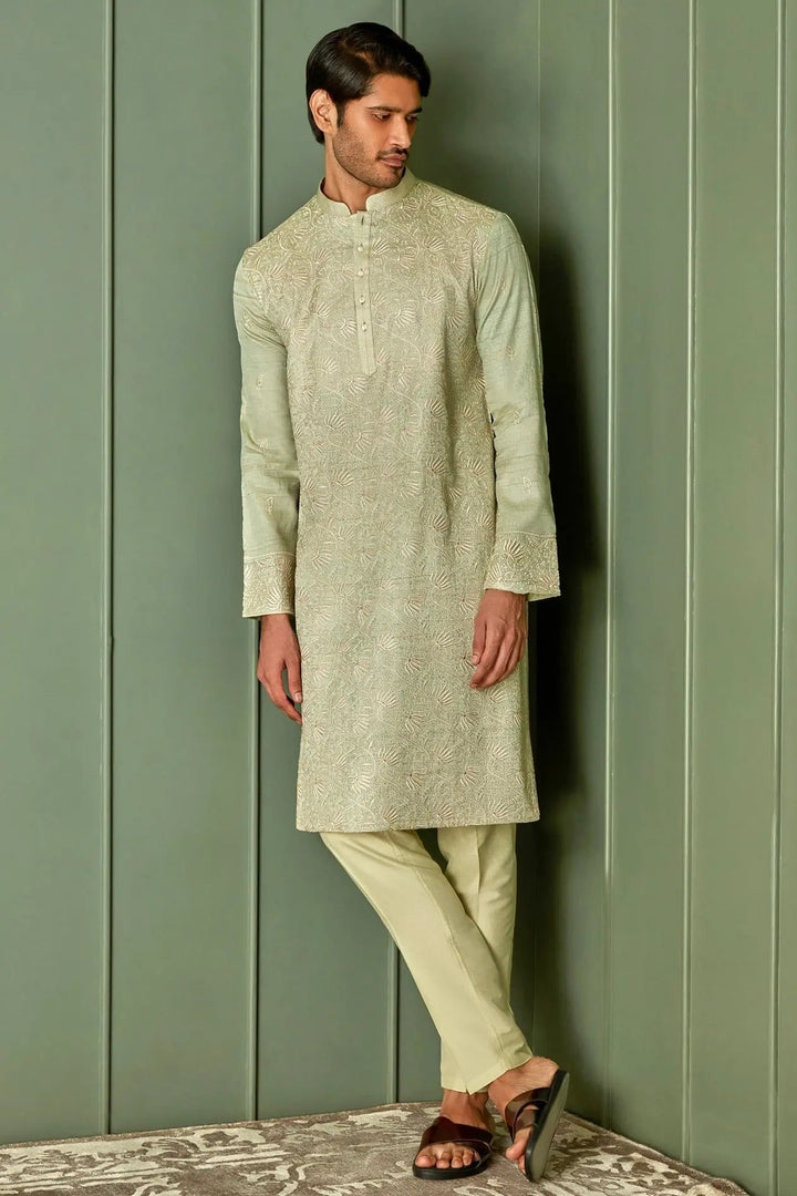 Olive Elegance: Tussar Silk Kurta with Resham Embroidery in Gold Floral and All Over Embroidery - Asuka Couture