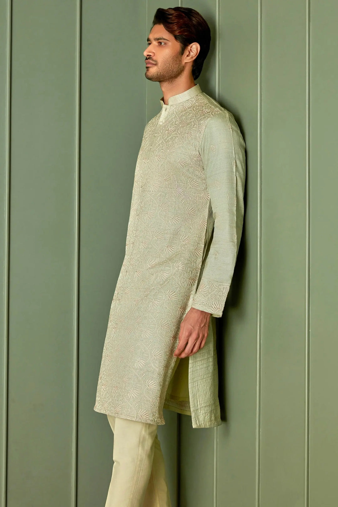 Olive Elegance: Tussar Silk Kurta with Resham Embroidery in Gold Floral and All Over Embroidery - Asuka Couture