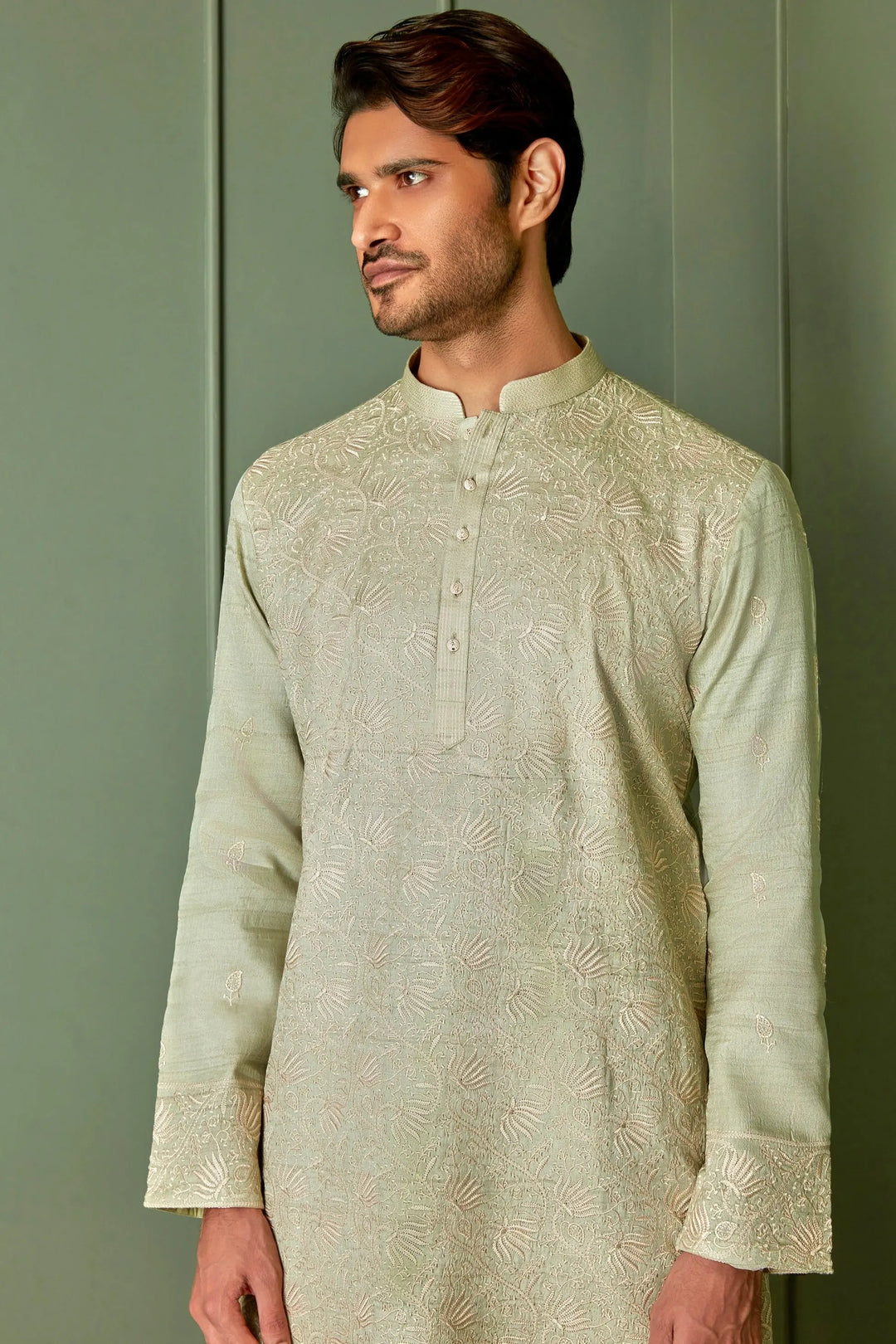 Olive Elegance: Tussar Silk Kurta with Resham Embroidery in Gold Floral and All Over Embroidery - Asuka Couture
