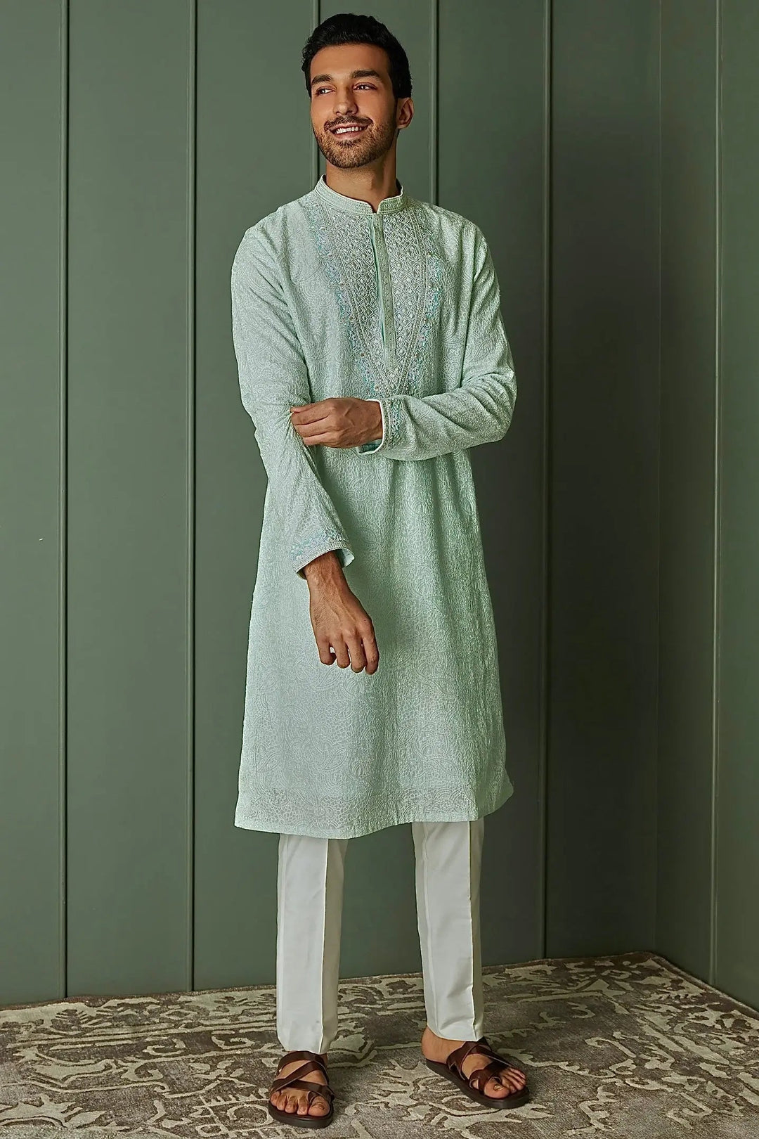 Paisley Perfection: Sky Blue Chanderi Silk Embroidered Kurta - Asuka Couture