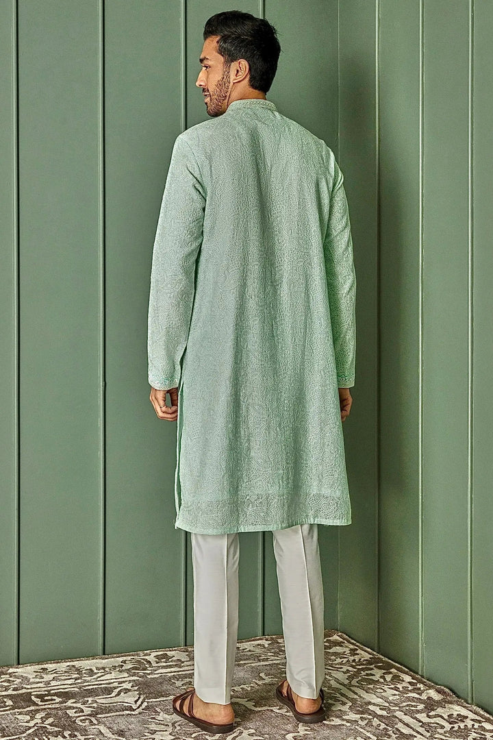 Paisley Perfection: Sky Blue Chanderi Silk Embroidered Kurta - Asuka Couture