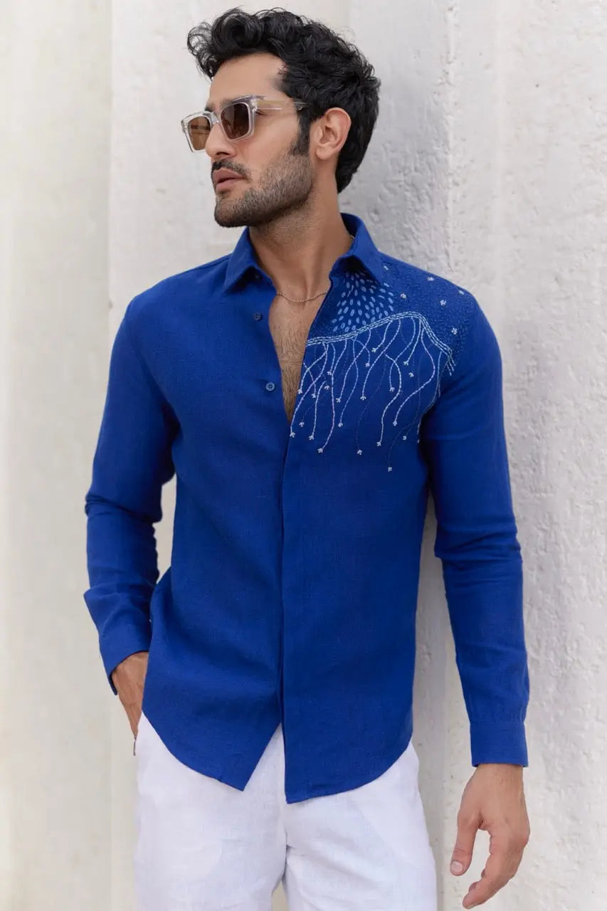 Ultramarine Blue Embroidered Shirt - Asuka Couture