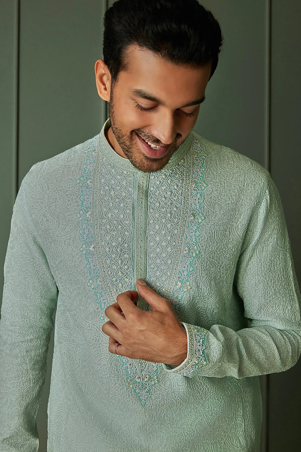 Paisley Perfection: Sky Blue Chanderi Silk Embroidered Kurta - Asuka Couture