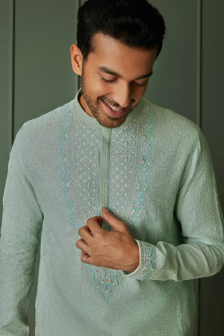 Paisley Perfection: Sky Blue Chanderi Silk Embroidered Kurta - Asuka Couture