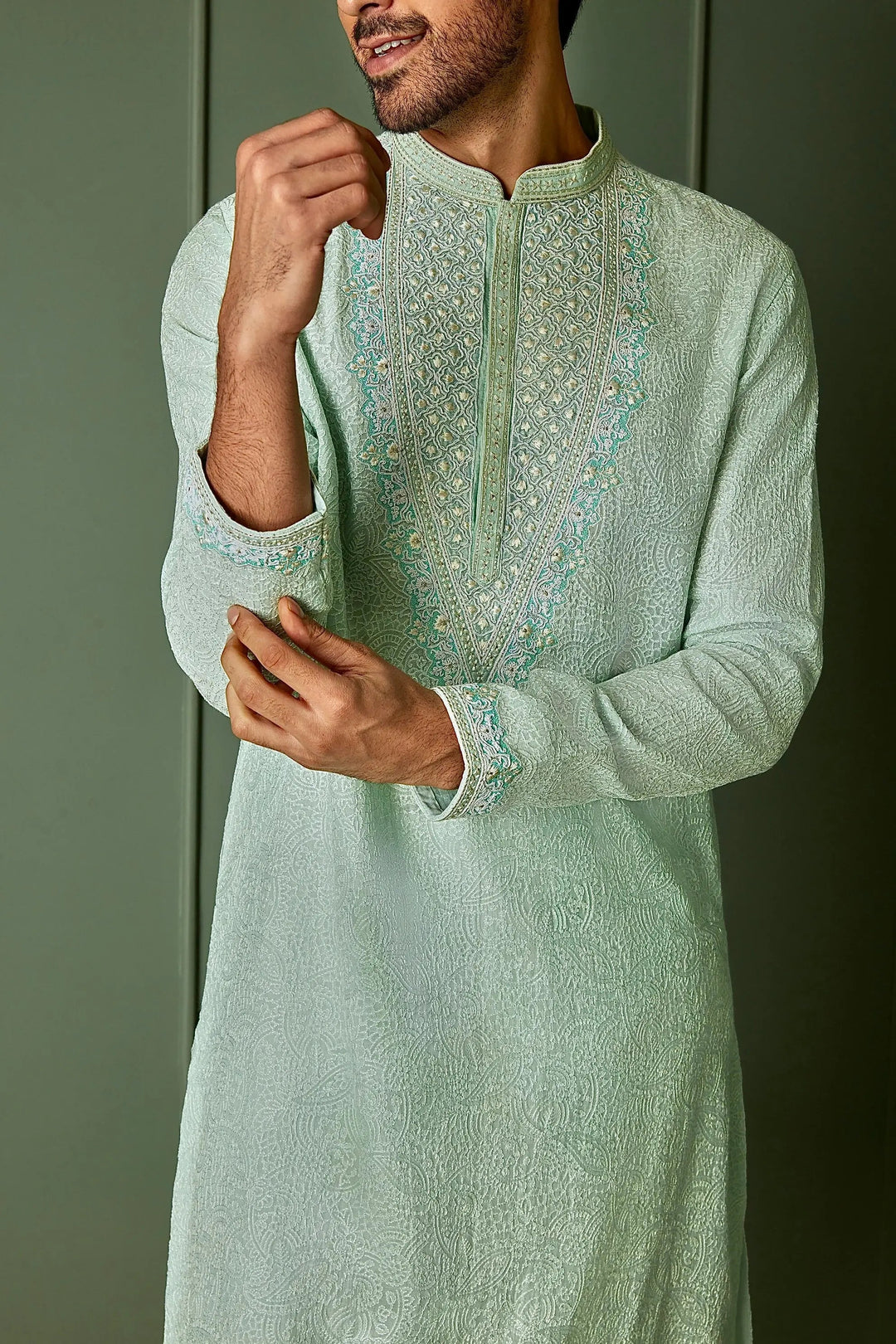 Paisley Perfection: Sky Blue Chanderi Silk Embroidered Kurta - Asuka Couture
