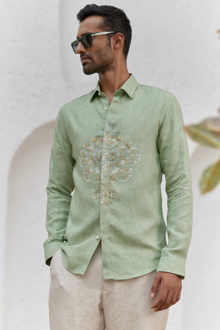 Mint Green Flora Embroidered Shirt - Asuka Couture