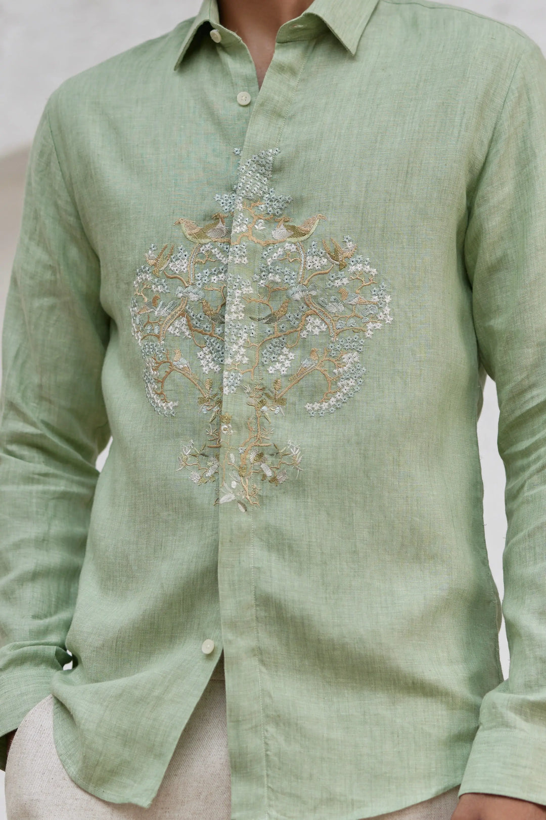 Mint Green Flora Embroidered Shirt - Asuka Couture
