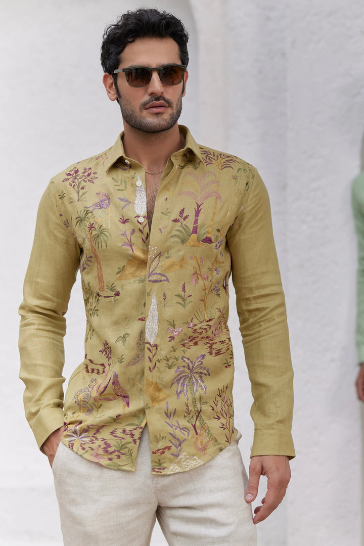 Olive Green Floral Embroidery Shirt - Asuka Couture