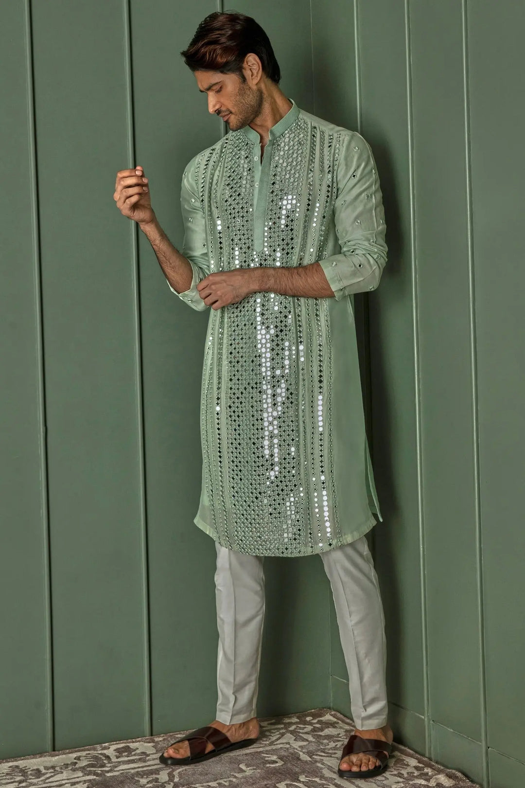 Green Mirage: Green Chanderi Kurta with Panel Mirror Work and Resham Affixed - Asuka Couture