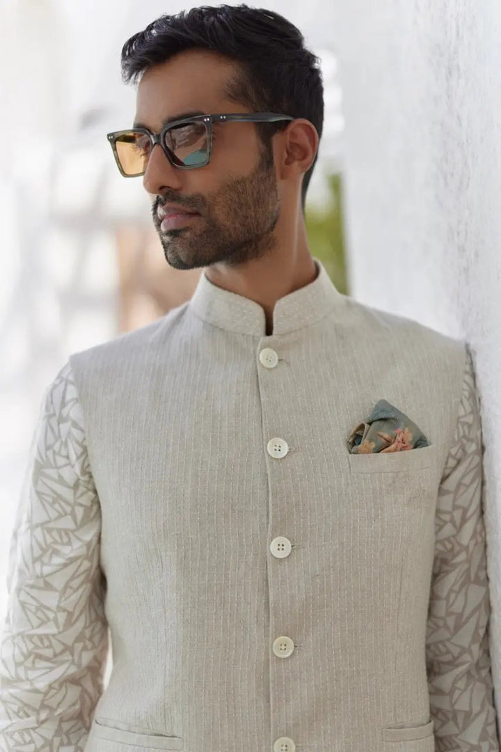 Natural Beige Abstract Geometric Print Kurta Bundi Set - Asuka Couture