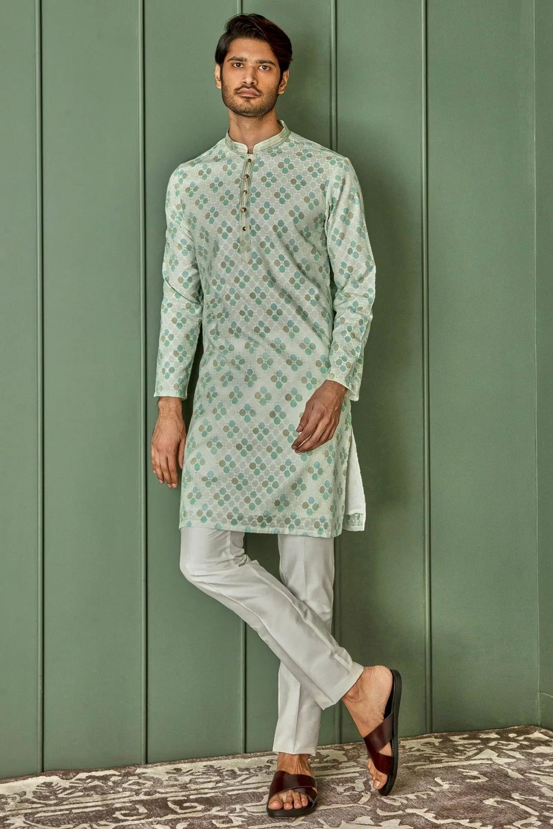 Pastel Delight: Light Green Jaquard Round Design Kurta - Asuka Couture