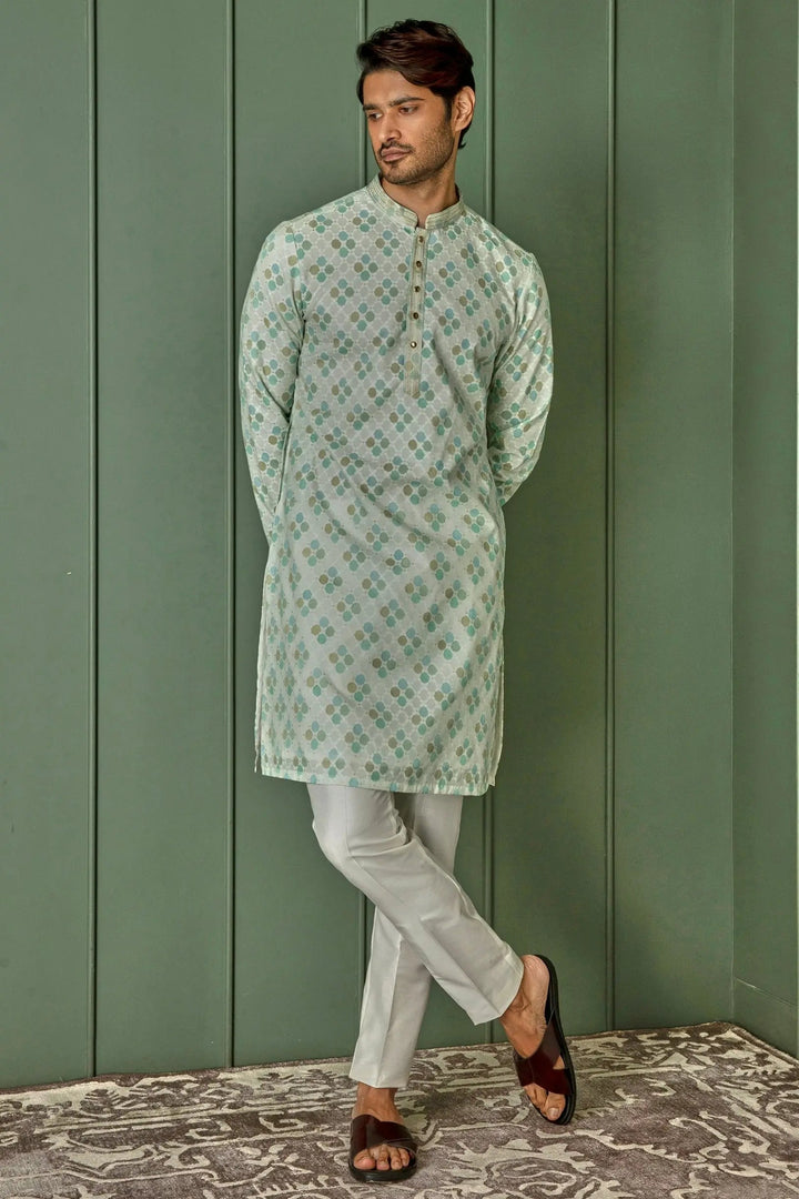Pastel Delight: Light Green Jaquard Round Design Kurta - Asuka Couture