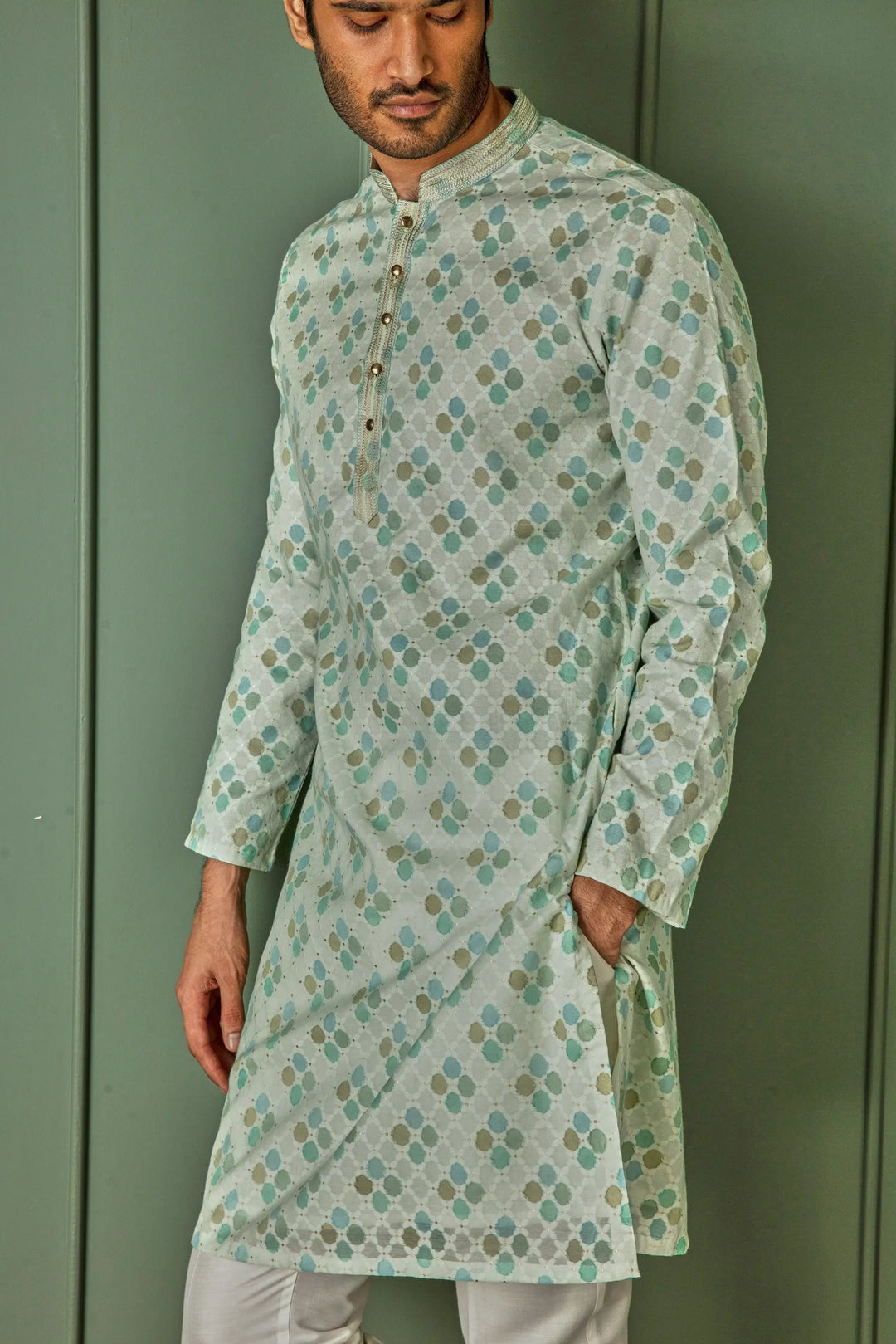 Pastel Delight: Light Green Jaquard Round Design Kurta - Asuka Couture