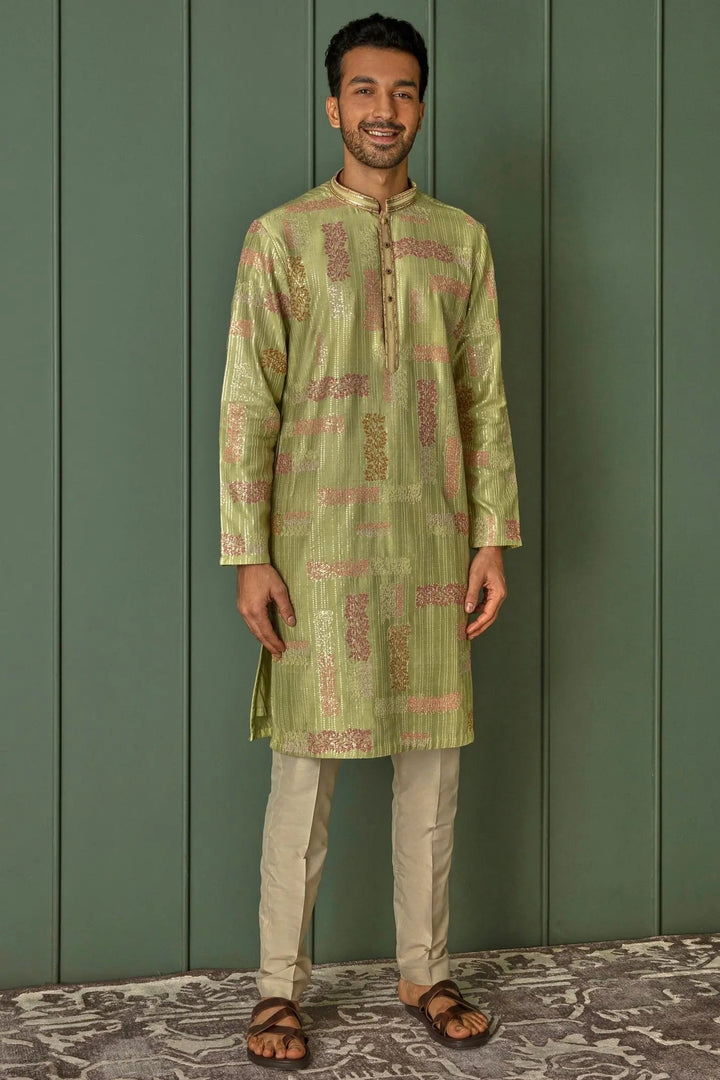 Olive Abstract Sequins Dream Chanderi Silk Kurta - Asuka Couture